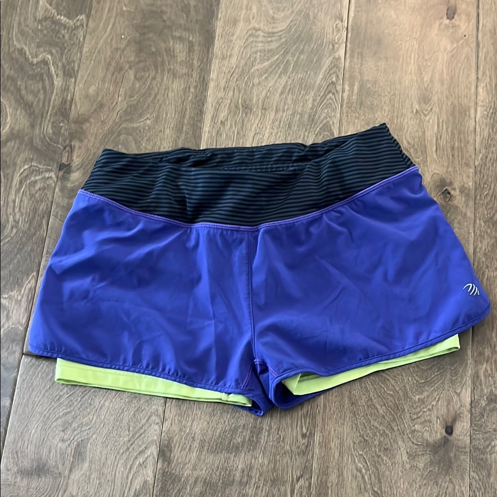 MPG Women's Blue Athletic Layered Shorts with Lime Underlayer